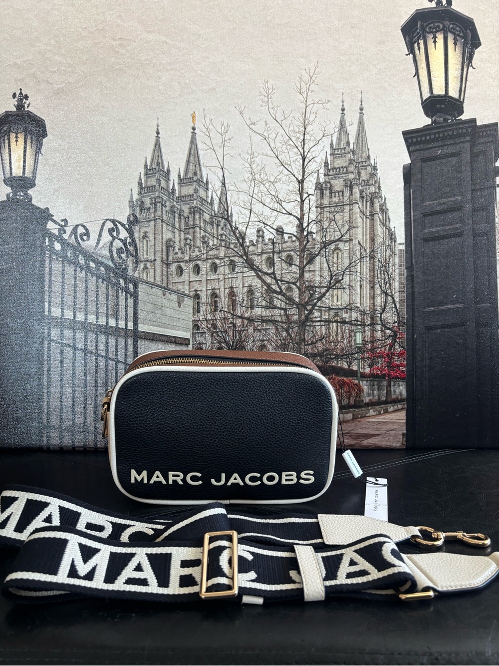 Marc Jacobs Black and Cream Pebbled Leather Camera Crossbody with Branded Strap